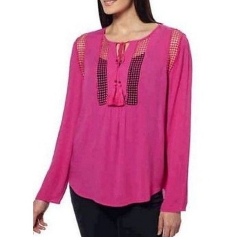 Joseph A. XL Cutwork Gauze Girly Office pink crinkle long sleeve blouse